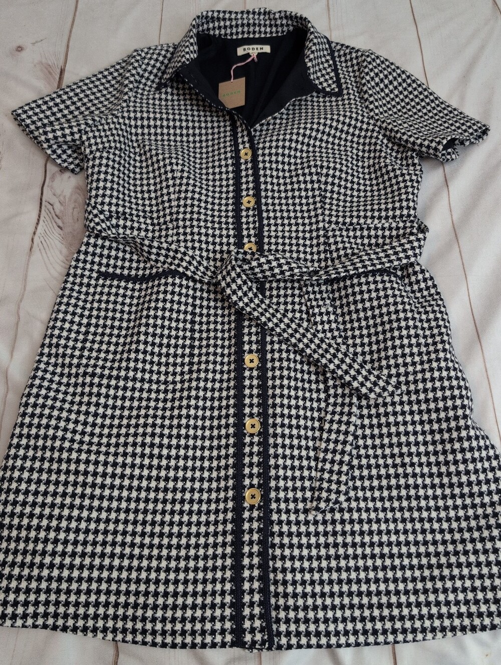 Boden Houndstooth Belted Shirt Dress US 16-18R Navy White NWT Pockets